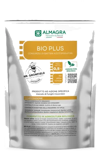 Envase de Bio Plus, consorcio sólido de bacterias fijadoras de nitrógeno y micorrizas