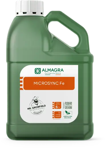 Envase de MicroSync Fe, complejo líquido de hierro con ácidos húmicos y aminoácidos vegetales